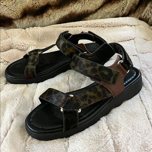 Aerosoles Wave Sandal in Green Leopard Calf Hair Sandals